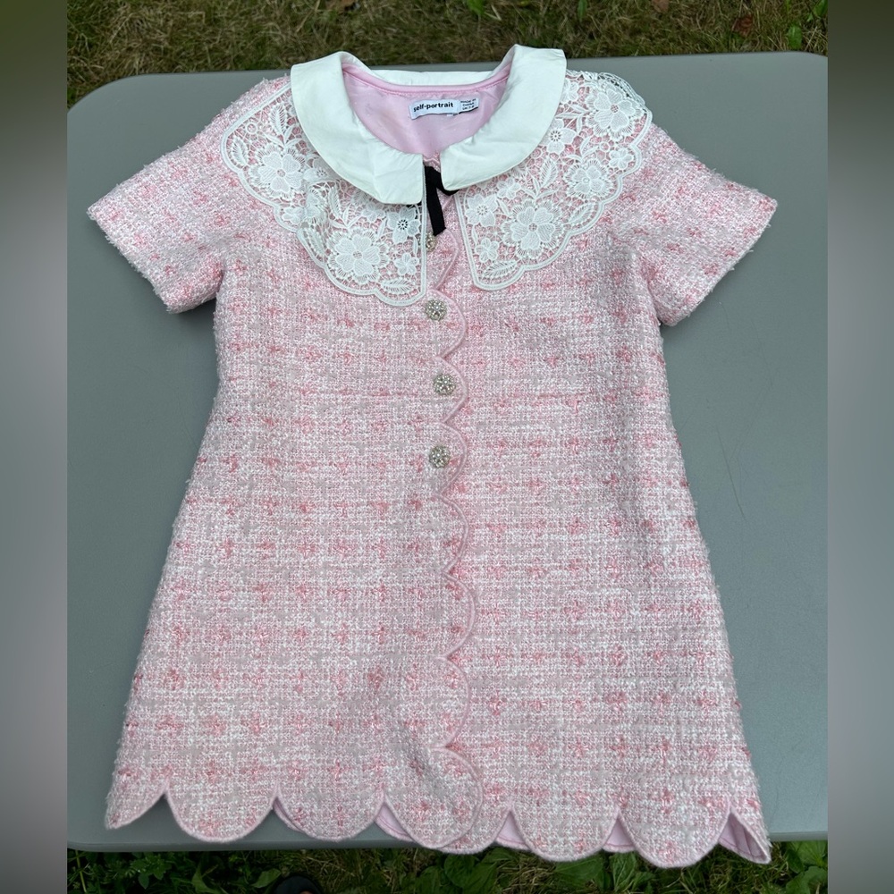Self Portrait Girls Boucle Scalloped Hem Mini Dress